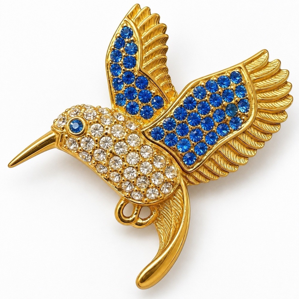Hummingbird 1999 PS Co Brooch Pin Vintage Rhinestone Bird Blue Gold Tone Animal